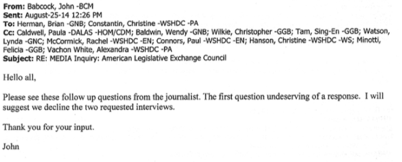 Media relations officials and diplomats discuss how to release as little information as possible about the Canadian government's relationship with ALEC.